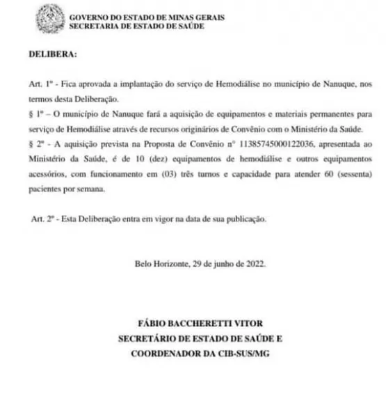 APROVADO CENTRO DE HEMODIÁLISE PARA NANUQUE APROVADO CENTRO DE HEMODIÁLISE PARA NANUQUE