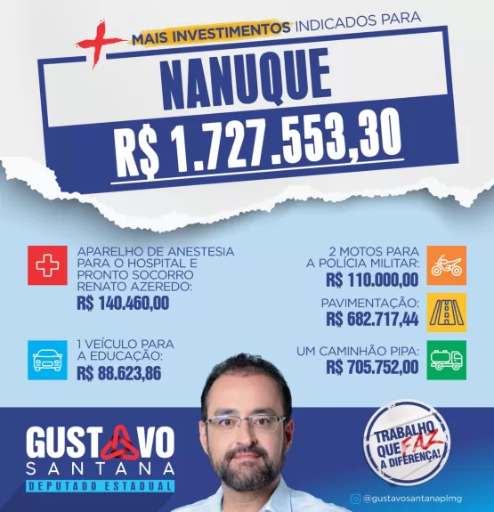 Deputado Gustavo Santana indica mais recursos para Nanuque