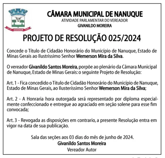 Vereador Givanildo Moreira propõe Projeto de Resolução