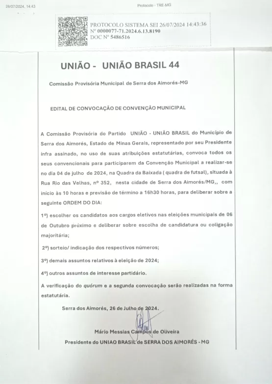 UNIÃO BRASIL CONVOCA CONVEÇÃO EM SERRA