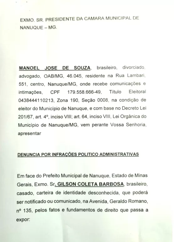 Pedido de impeachment de Gilson Coleta é protocolado na Câmara