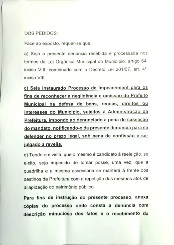 Pedido de impeachment de Gilson Coleta é protocolado na Câmara