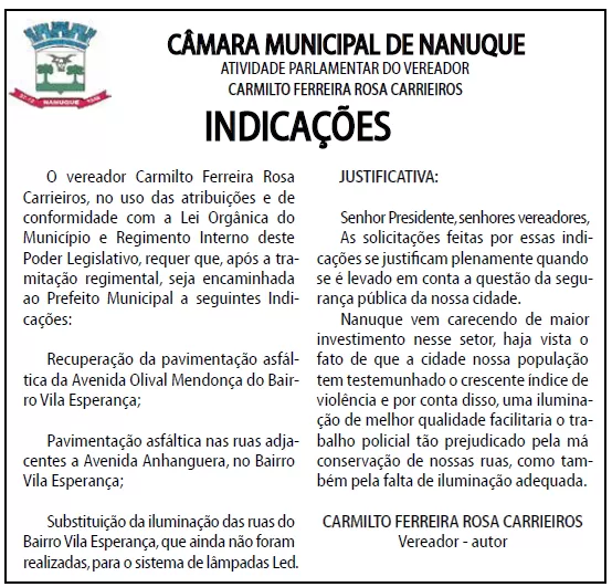 Vereador Carmilto Carrieiros indica melhorias para a Vila Esperança