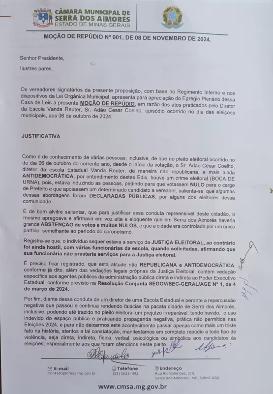 CÂMARA MUNICIPAL DE SERRA APROVA MOÇÃO DE REPÚDIO A DIRETOR DA ESCOLA VANDA REUTER