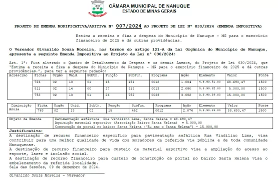 Vereador Givanildo Moreira apresenta emendas impositivas