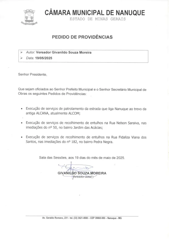 Vereador Givanildo Moreira solicita providências ao executivo