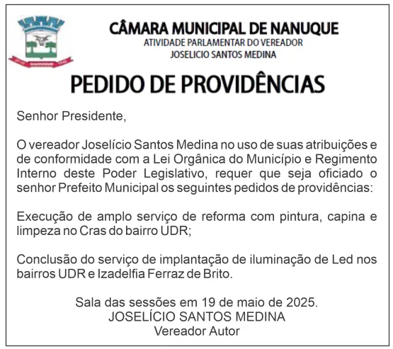 Vereador Joselício Medina faz pedidos de providência