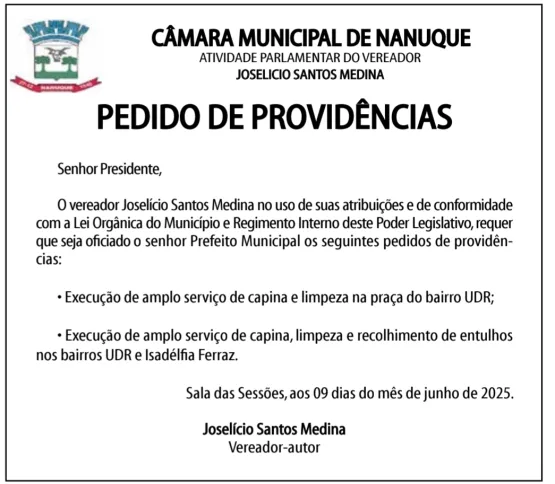 Vereador Joselício Medina apresenta Pedidos de Providências 