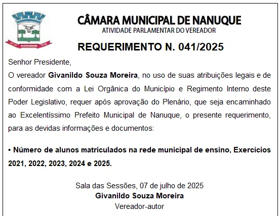 Vereador Givanildo Moreira requer informações e documentos