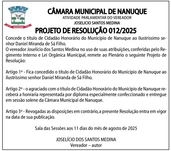 Vereador JOselicio Medina apresenta Projeto de Resolução