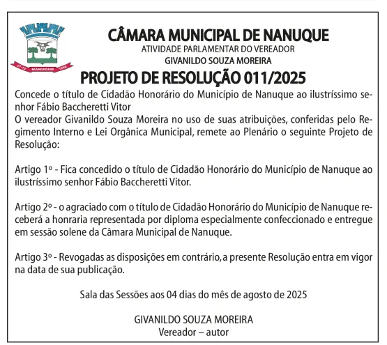 Givanildo Moreira apresenta Projeto de Resolução