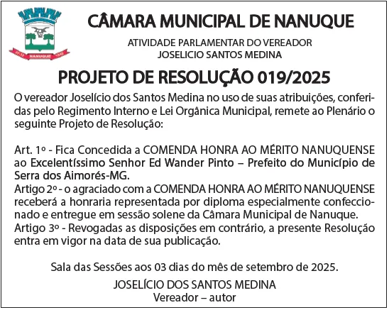Vereador Joselicio Medina tem Projeto de Resolução aprovado