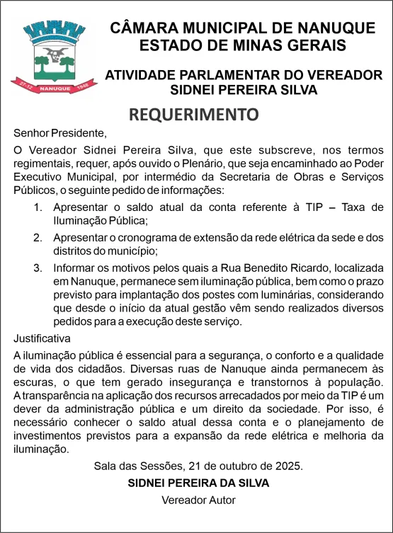VEREADOR SIDNEI SILVA ENCAMINHA REQUERIMENTO AO EXECUTIVO VEREADOR SIDNEI SILVA ENCAMINHA REQUERIMENTO AO EXECUTIVO