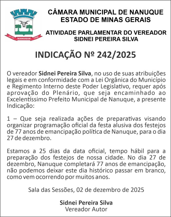 O vereador Sidnei Pereira Silva faz Indicação ao Executivo
