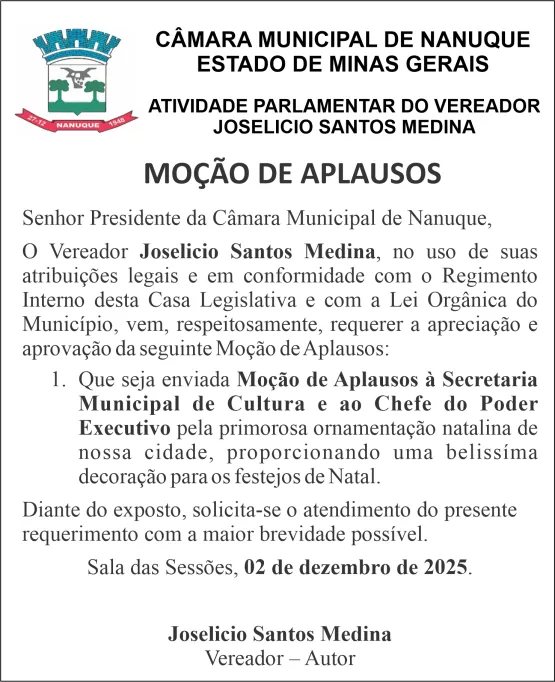 Vereador Joselicio Santos Medina realiza Moção de Aplausos Vereador Joselicio Santos Medina realiza Moção de Aplausos