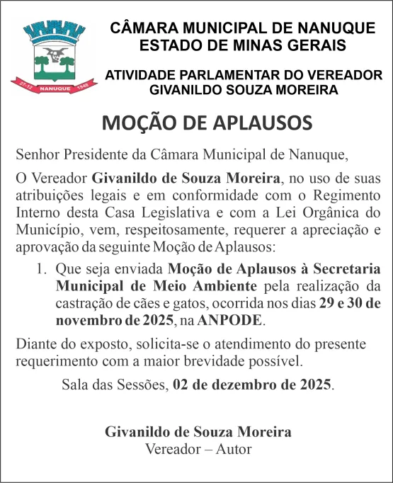 Vereador Givanildo Moreira requer Moção de Aplausos Vereador Givanildo Moreira requer Moção de Aplausos