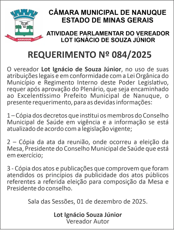 O vereador Lot Ignácio faz requerimento ao Executivo O vereador Lot Ignácio faz requerimento ao Executivo