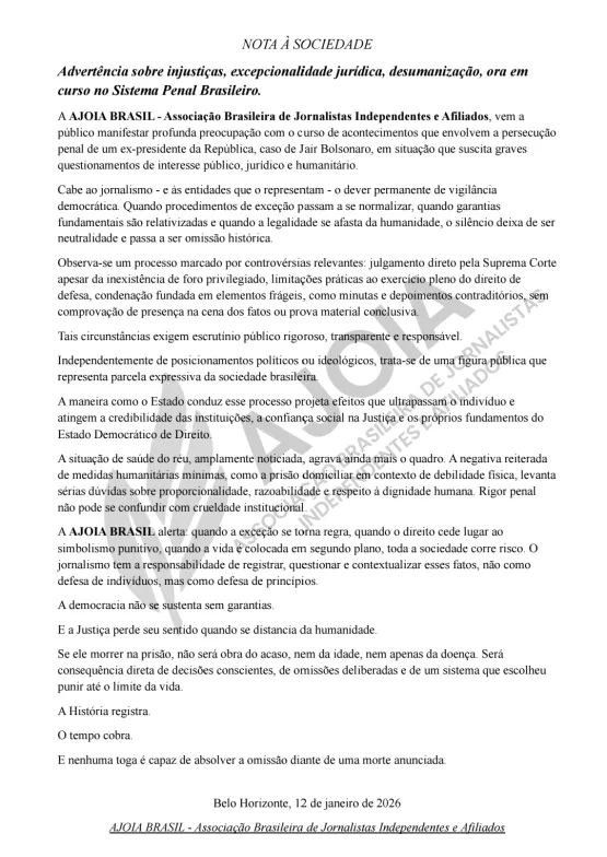 Entidade de jornalistas divulga nota com críticas à condução de processo contra ex-presidente