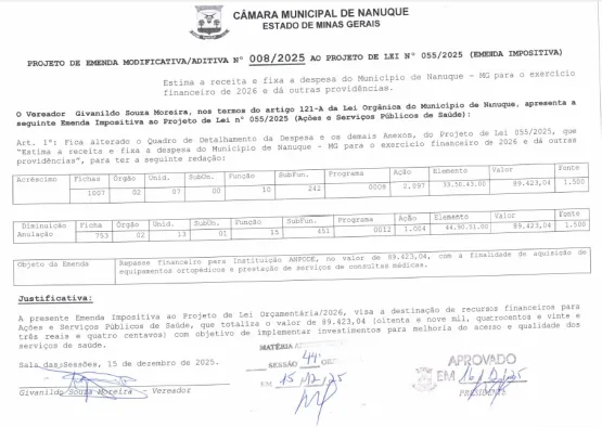 Givanildo Moreira apresenta emenda impositiva para reforçar ações de saúde em Nanuque