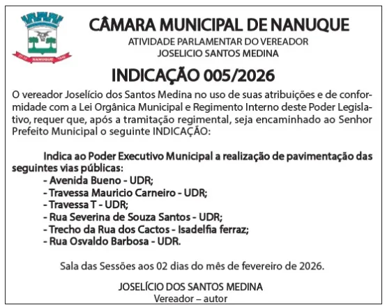 Joselício Medina indica pavimentação para o UDR Joselício Medina indica pavimentação para o UDR