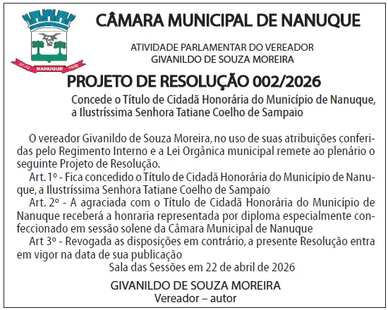 Vereador Givanildo Moreira apresenta  Projeto de Resolução