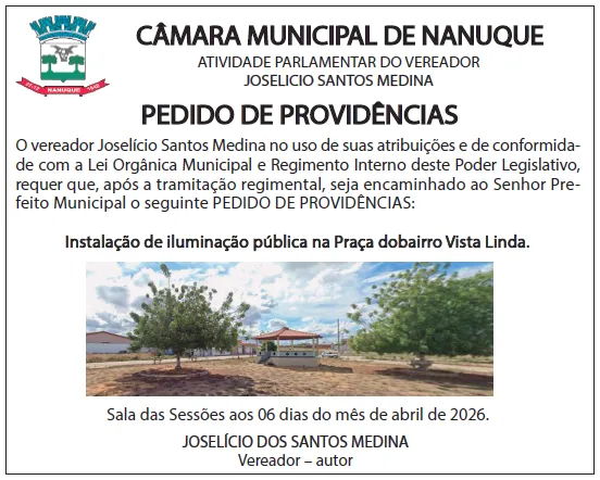 Vereador Joselicio Medina cobra iluminação pro Vista Linda