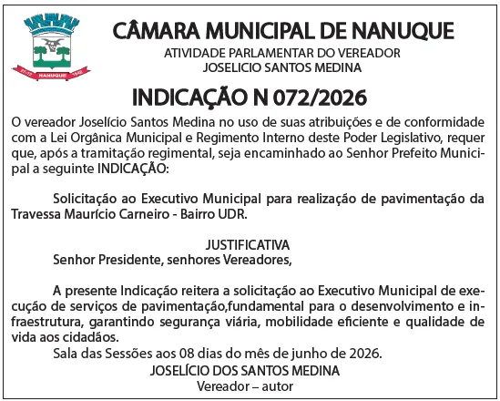 Vereador Joselicio Medina Indica pavimentação de rua