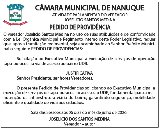 Vereador Joselício Santos Medina solicita operação tapa-buracos no acesso ao Bairro UDR