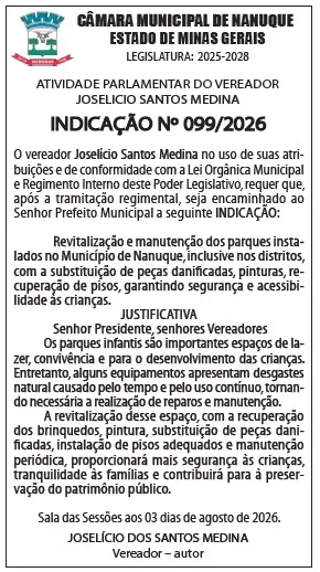 Vereador Joselício Medina cobra revitalização dos parques infantis de Nanuque