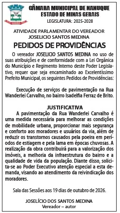 Vereador Joselício Medina solicita pavimentação da Rua Wanderlei Carvalho, em Nanuque Vereador Joselício Medina solicita pavimentação da Rua Wanderlei Carvalho, em Nanuque